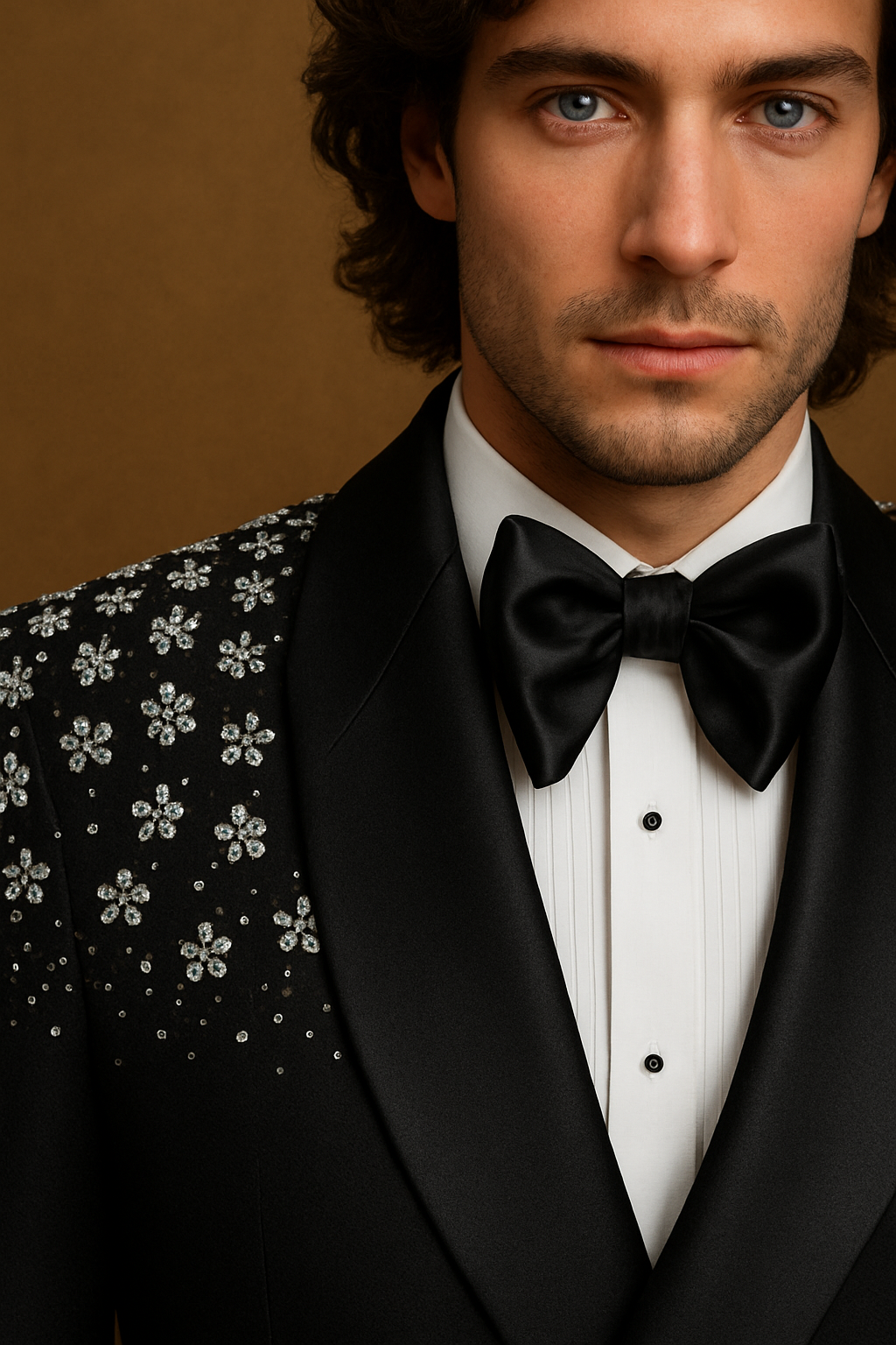 Man wearing a black tuxedo with a bow tie against a brown background