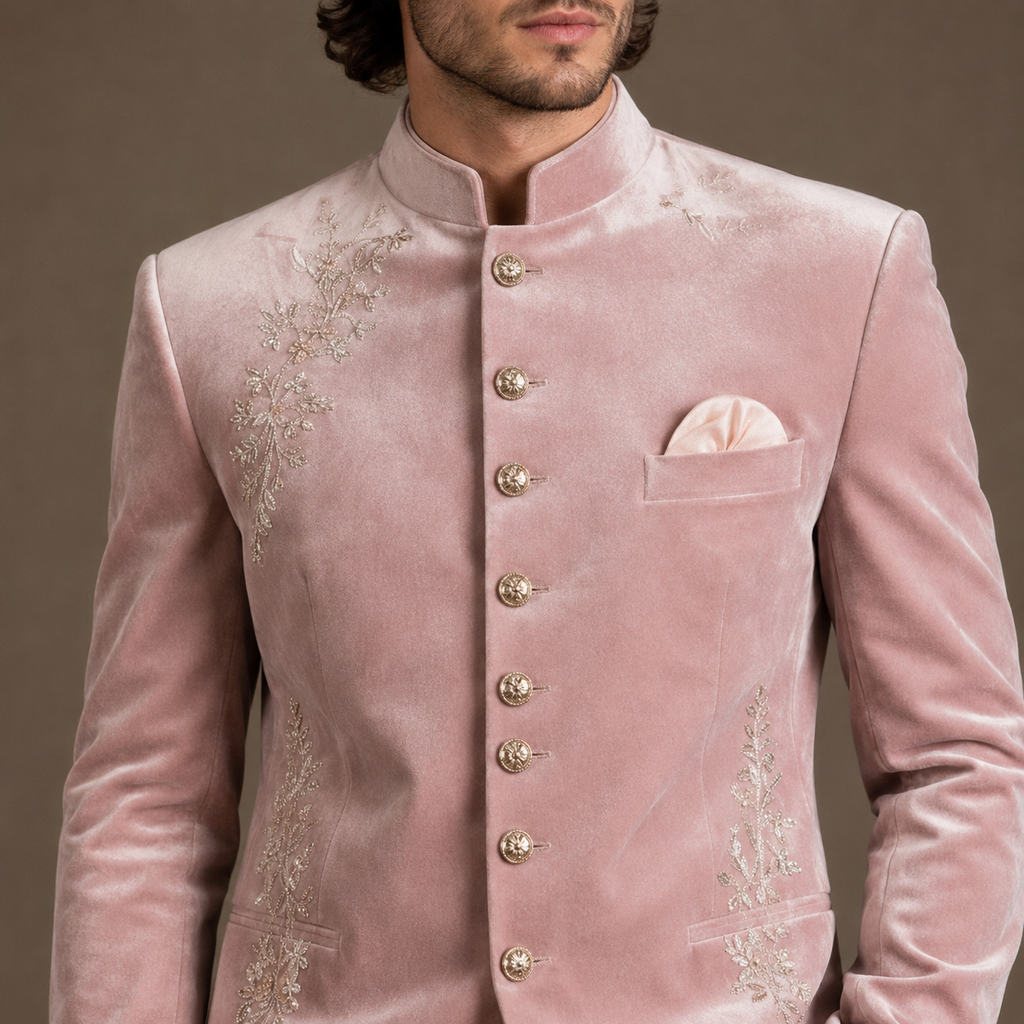 Luxury Blush Pink Velvet Jodhpuri Suit for Men | Hand Embroidered Wedding & Groom Wear