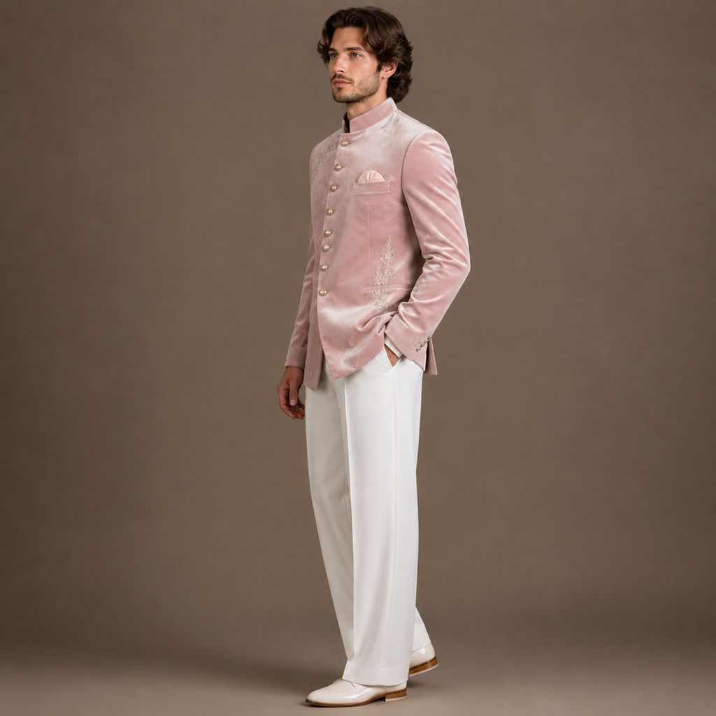 Luxury Blush Pink Velvet Jodhpuri Suit for Men | Hand Embroidered Wedding & Groom Wear