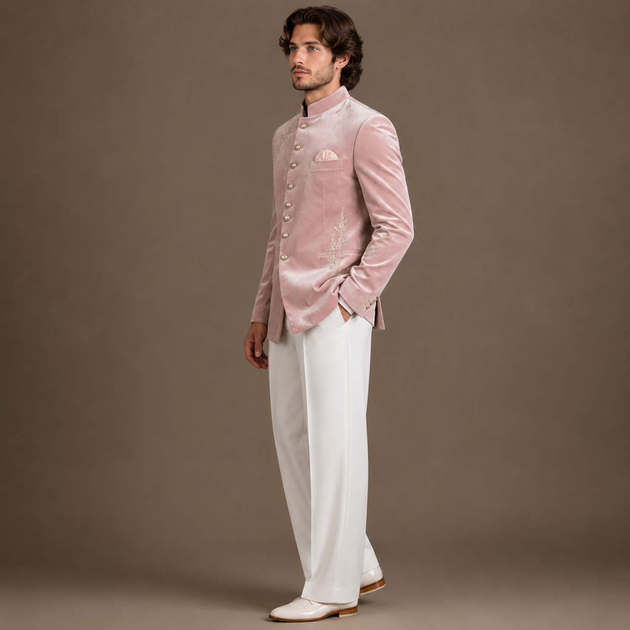 Luxury Blush Pink Velvet Jodhpuri Suit for Men | Hand Embroidered Wedding & Groom Wear