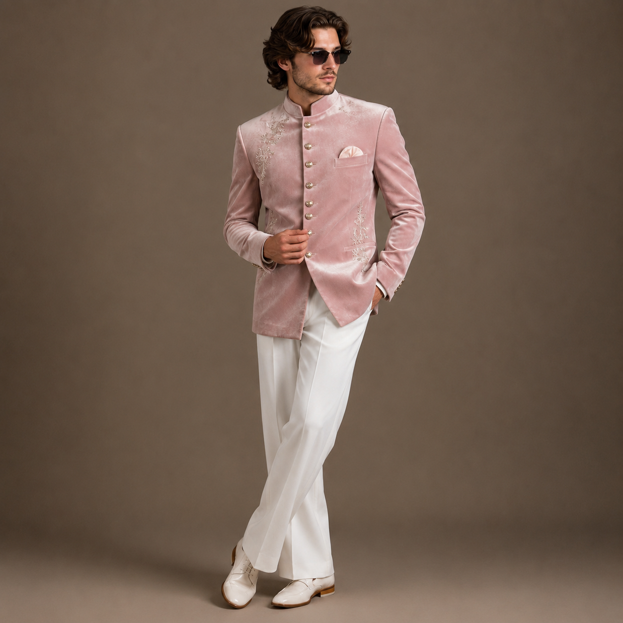 Luxury Blush Pink Velvet Jodhpuri Suit for Men | Hand Embroidered Wedding & Groom Wear