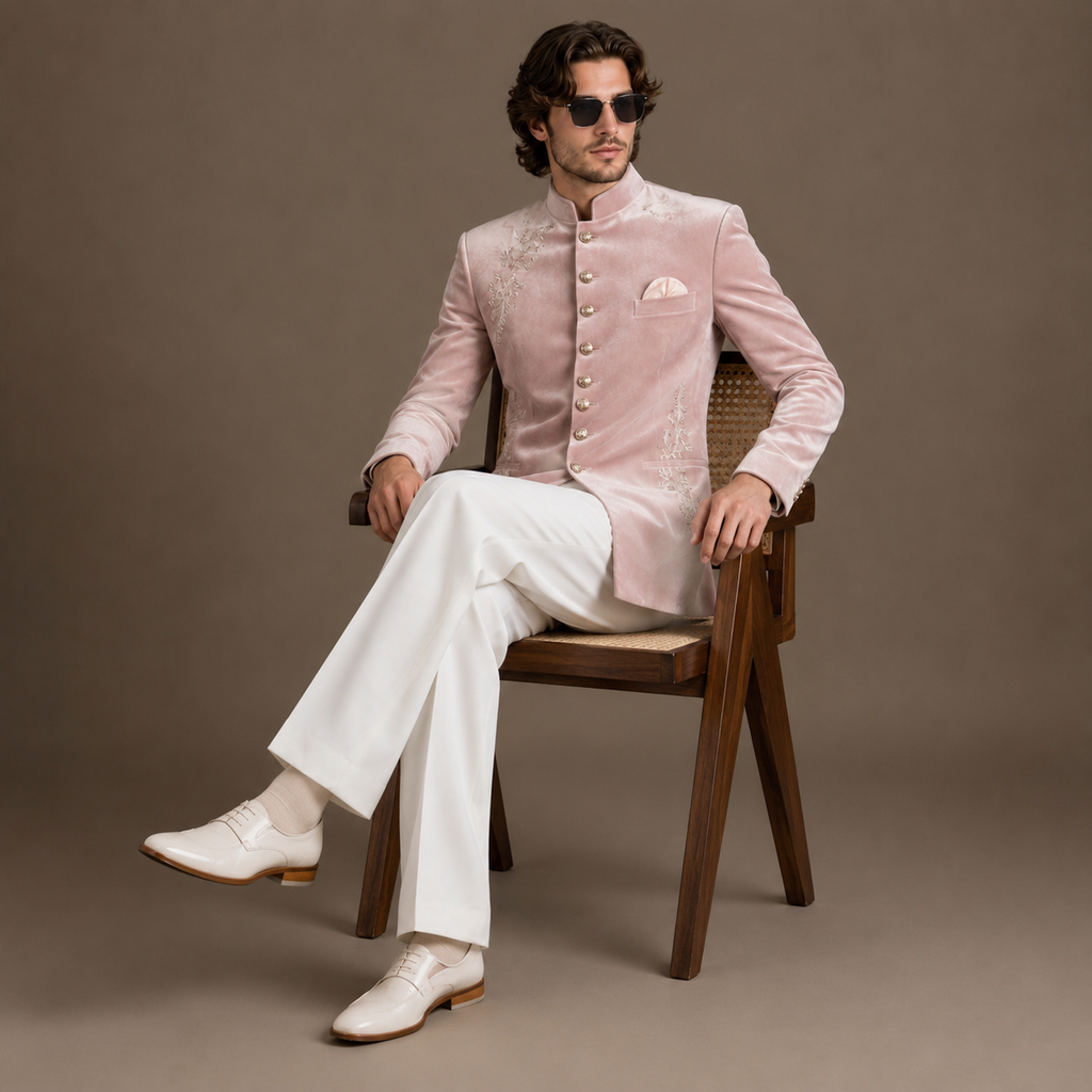 Luxury Blush Pink Velvet Jodhpuri Suit for Men | Hand Embroidered Wedding & Groom Wear