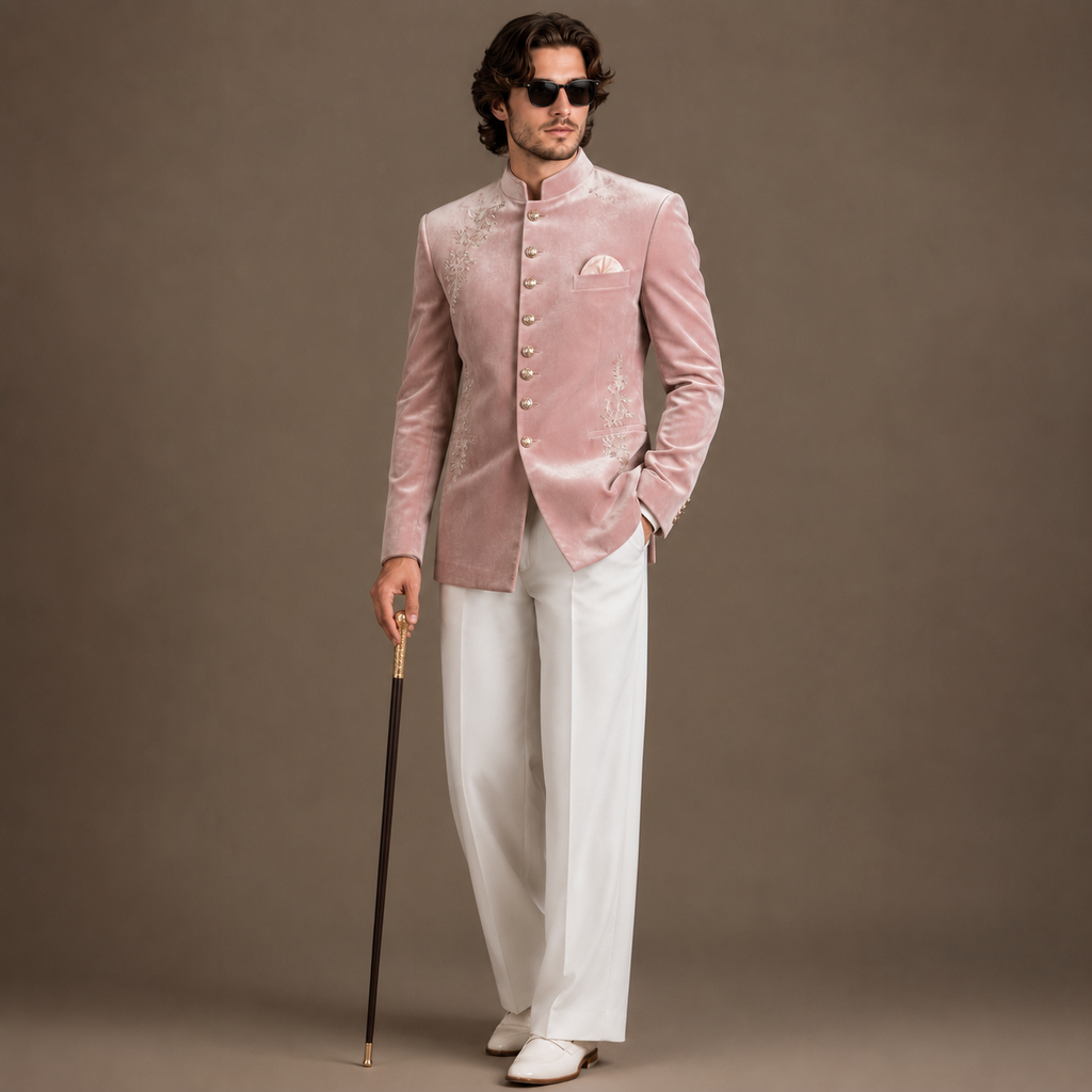 Luxury Blush Pink Velvet Jodhpuri Suit for Men | Hand Embroidered Wedding & Groom Wear