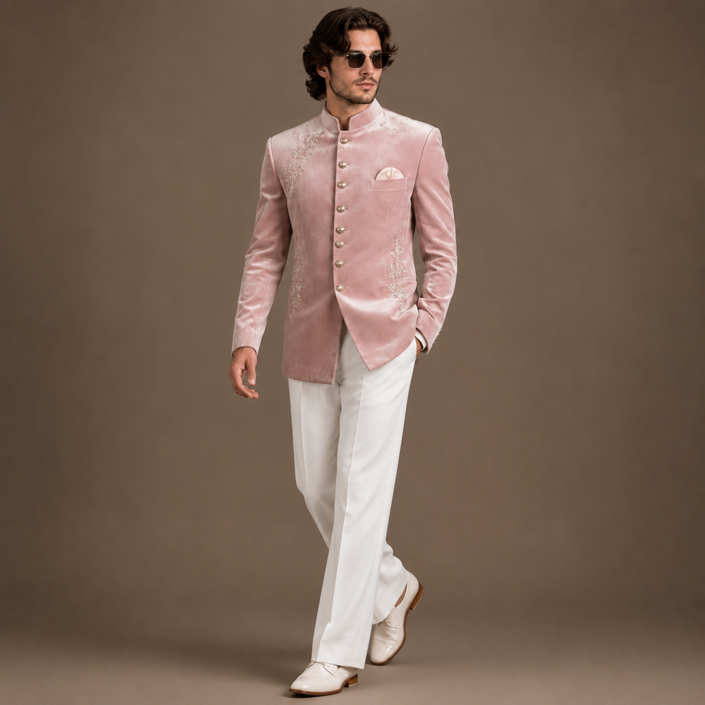 Luxury Blush Pink Velvet Jodhpuri Suit for Men | Hand Embroidered Wedding & Groom Wear
