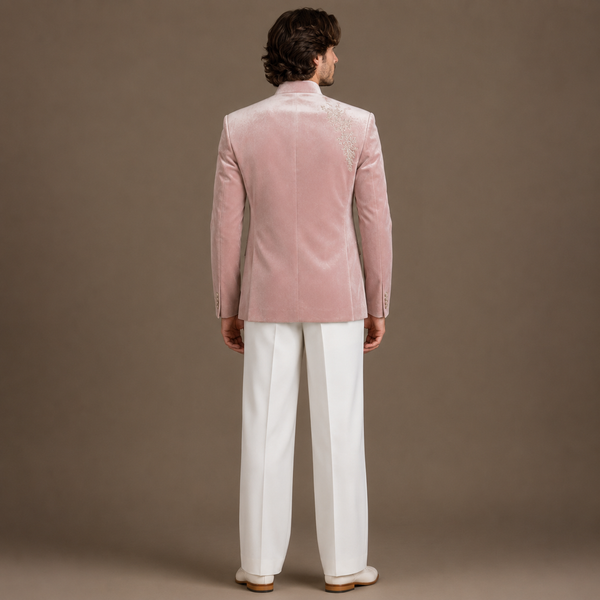 Luxury Blush Pink Velvet Jodhpuri Suit for Men | Hand Embroidered Wedding & Groom Wear