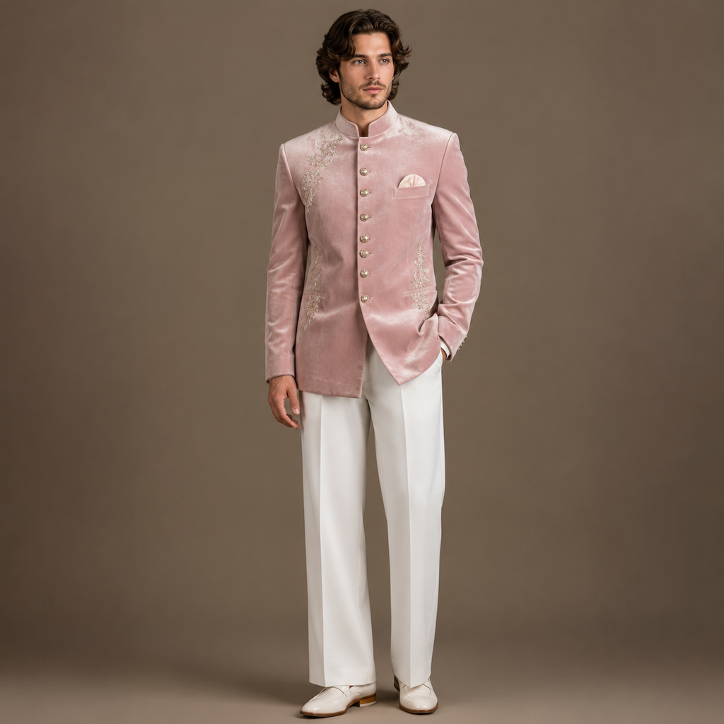 Luxury blush pink velvet Jodhpuri suit for men with delicate hand embroidery and white trousers by P&H BY PRIYANSHU
