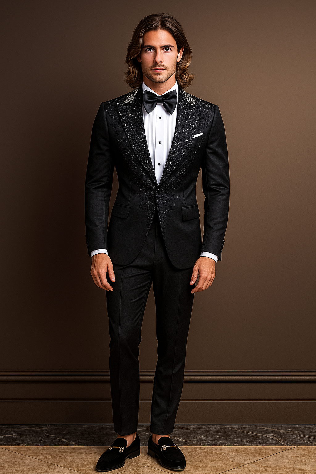 Man wearing a black tuxedo with a bow tie against a brown background