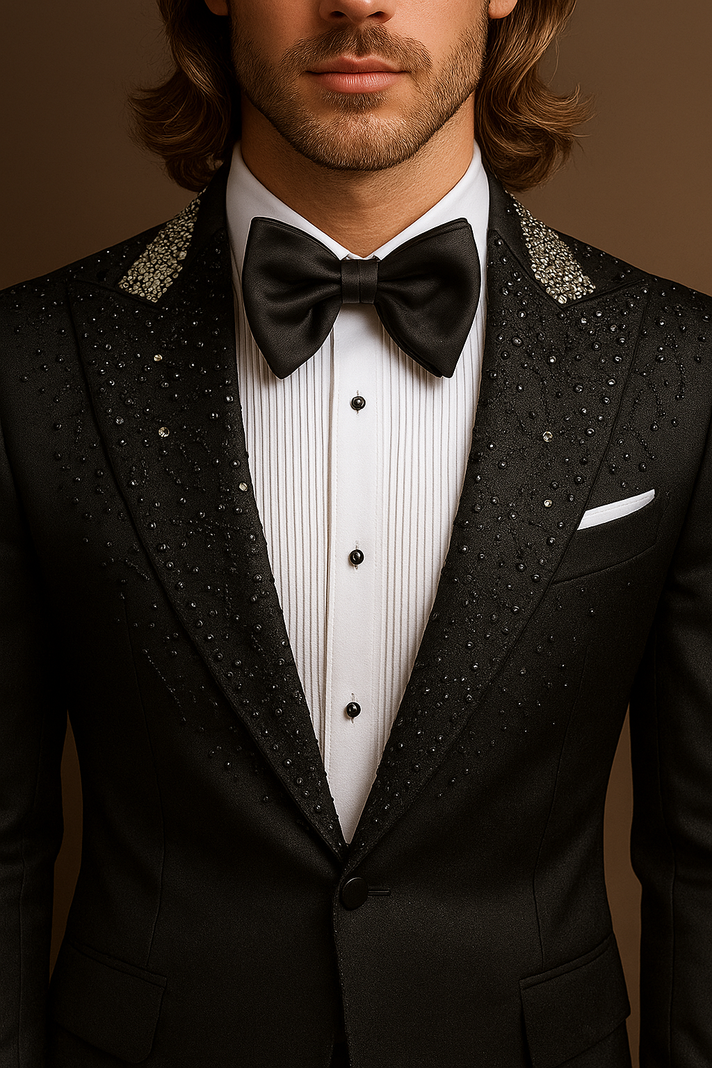 Man wearing a black tuxedo with a bow tie against a brown background