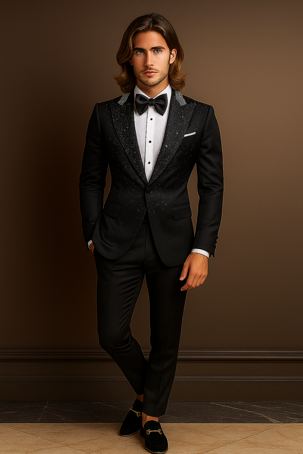 Man wearing a black tuxedo with a bow tie against a brown background