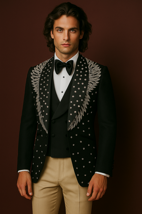 Man wearing a black embroidered jacket with a white shirt and beige pants on a brown background