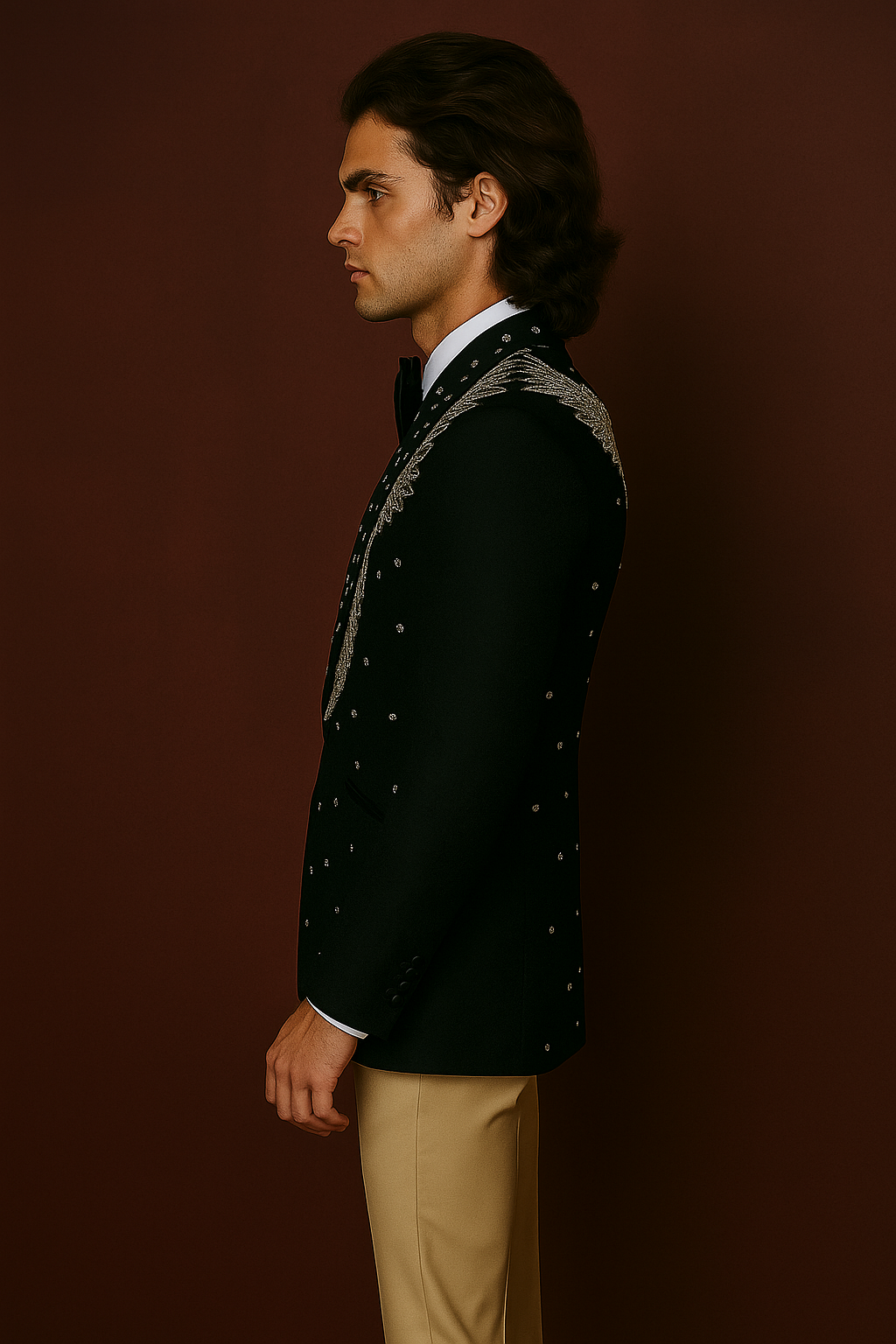 Black Embroidered 3-Piece Celebrity Designer Suit with Beige Pants | P&H BY PRIYANSHU