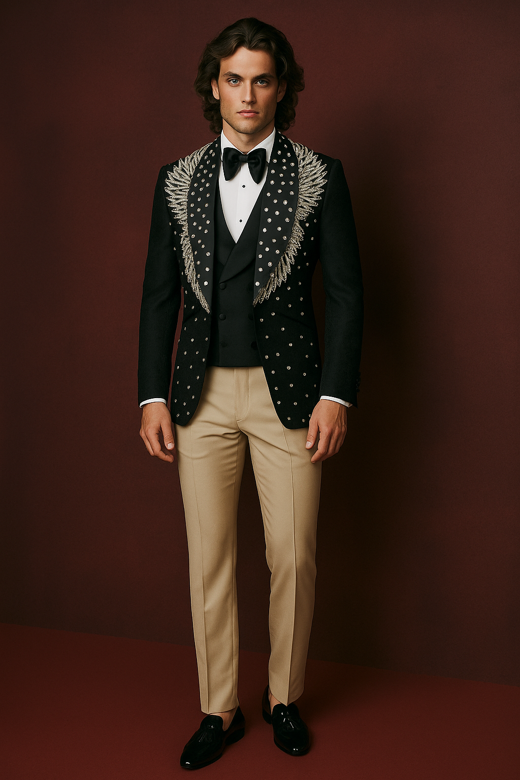 Black Embroidered 3-Piece Celebrity Designer Suit with Beige Pants | P&H BY PRIYANSHU