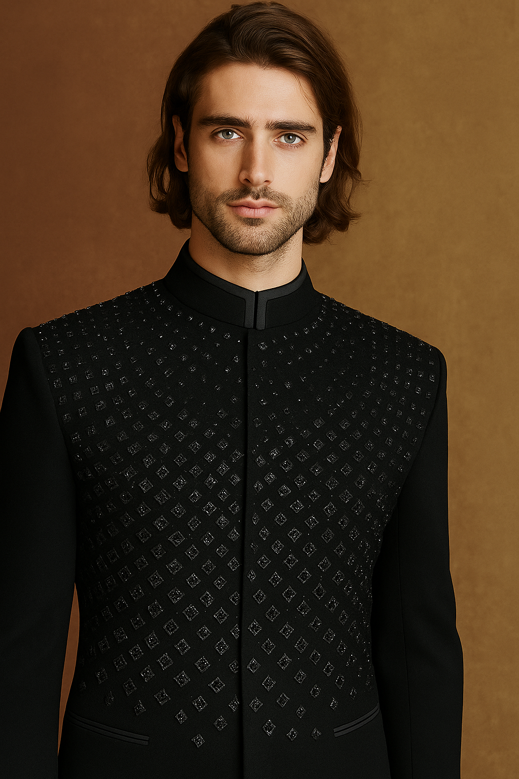 Man wearing a black patterned vest against a brown background