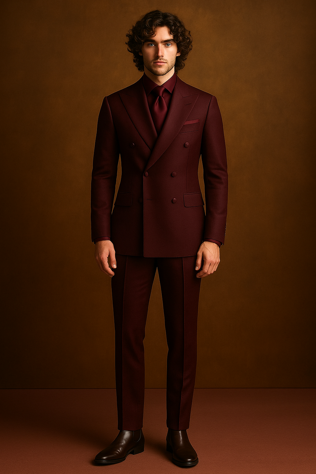 Man wearing a burgundy suit against a brown background