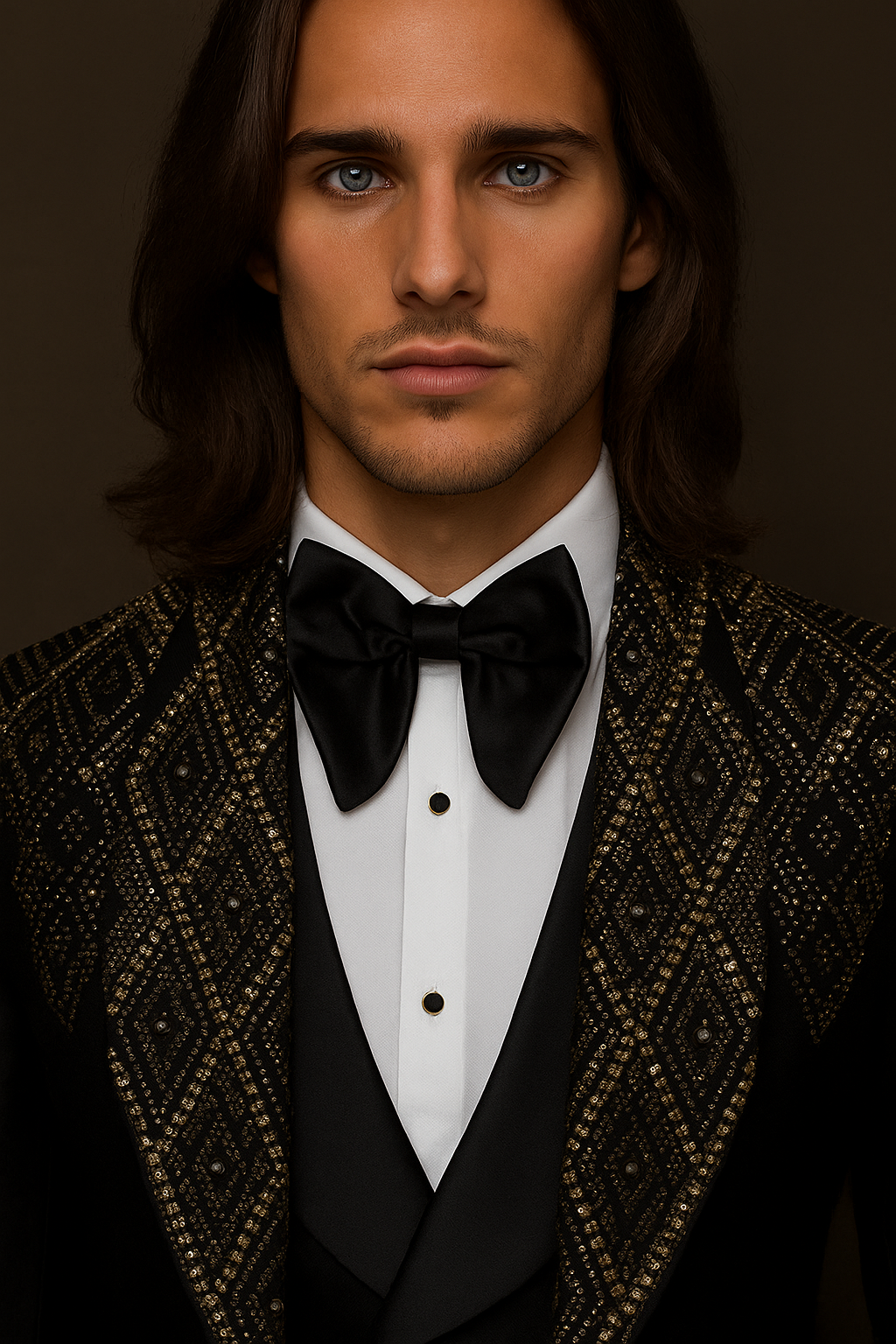 Man wearing a black tuxedo with a patterned jacket against a brown background