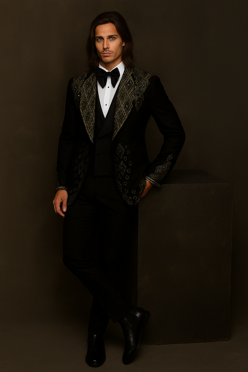 Man wearing a black tuxedo with intricate patterns against a dark background