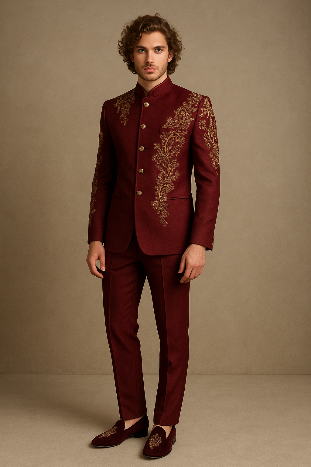Maroon Wedding Jodhpuri Bandhgala Suit with Gold Hand Embroidery | P&H BY PRIYANSHU