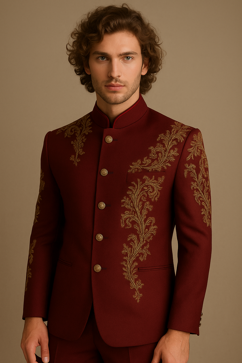 Man wearing a burgundy embroidered suit against a beige background