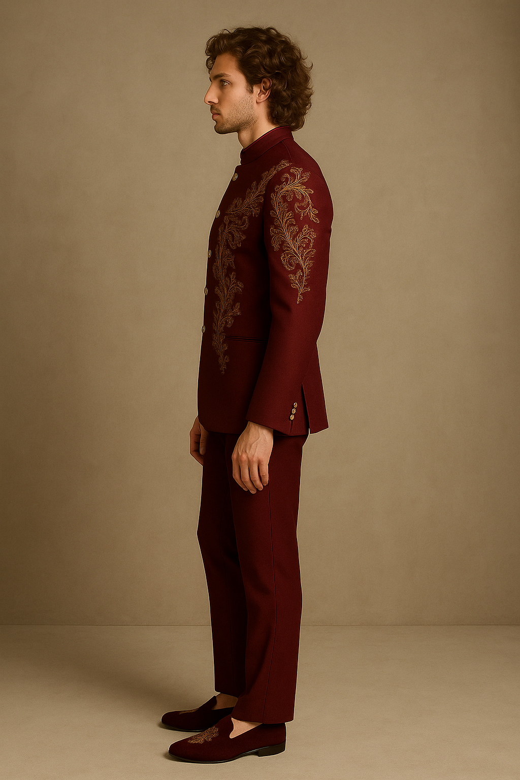 Maroon Wedding Jodhpuri Bandhgala Suit with Gold Hand Embroidery | P&H BY PRIYANSHU