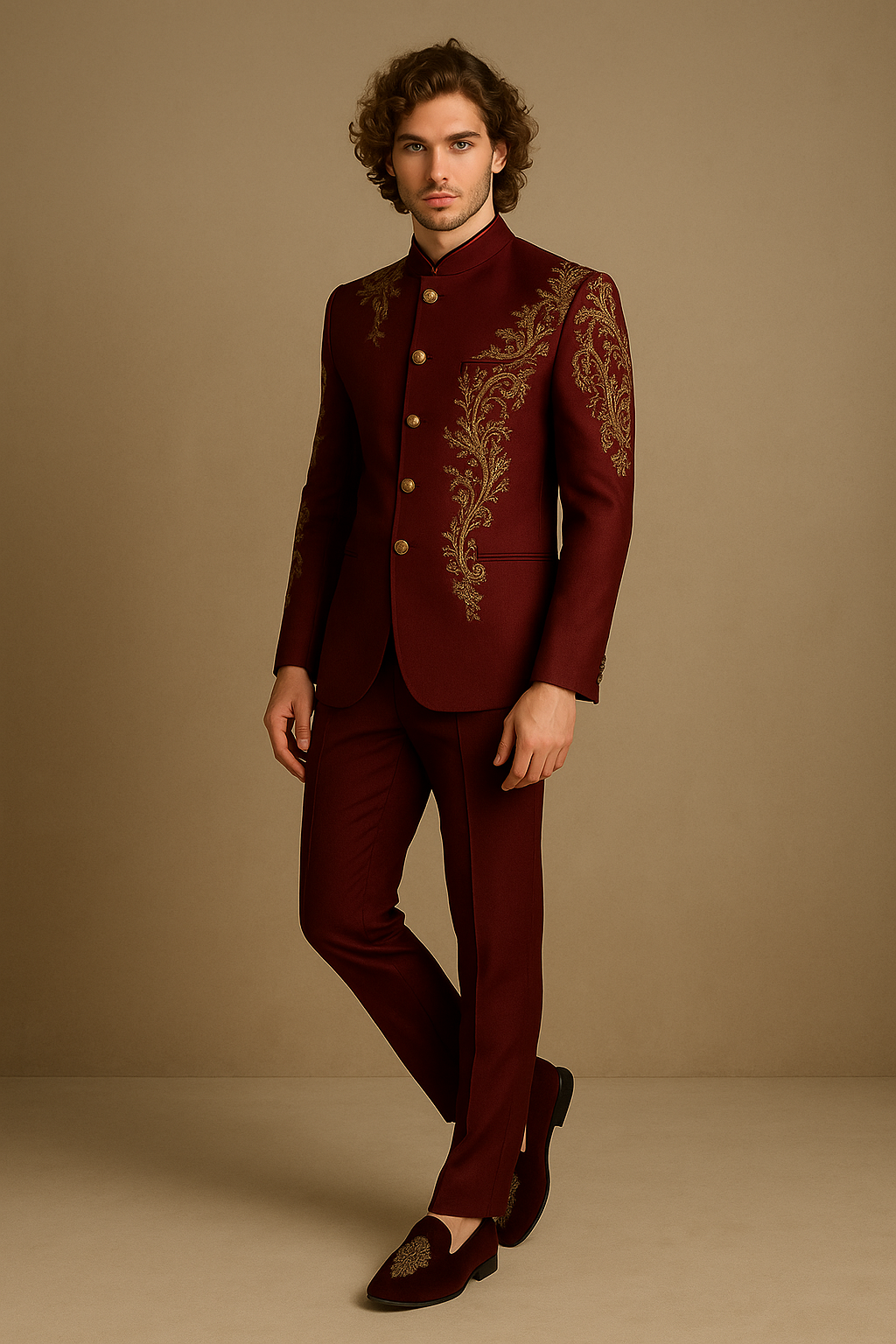 Maroon Wedding Jodhpuri Bandhgala Suit with Gold Hand Embroidery | P&H BY PRIYANSHU