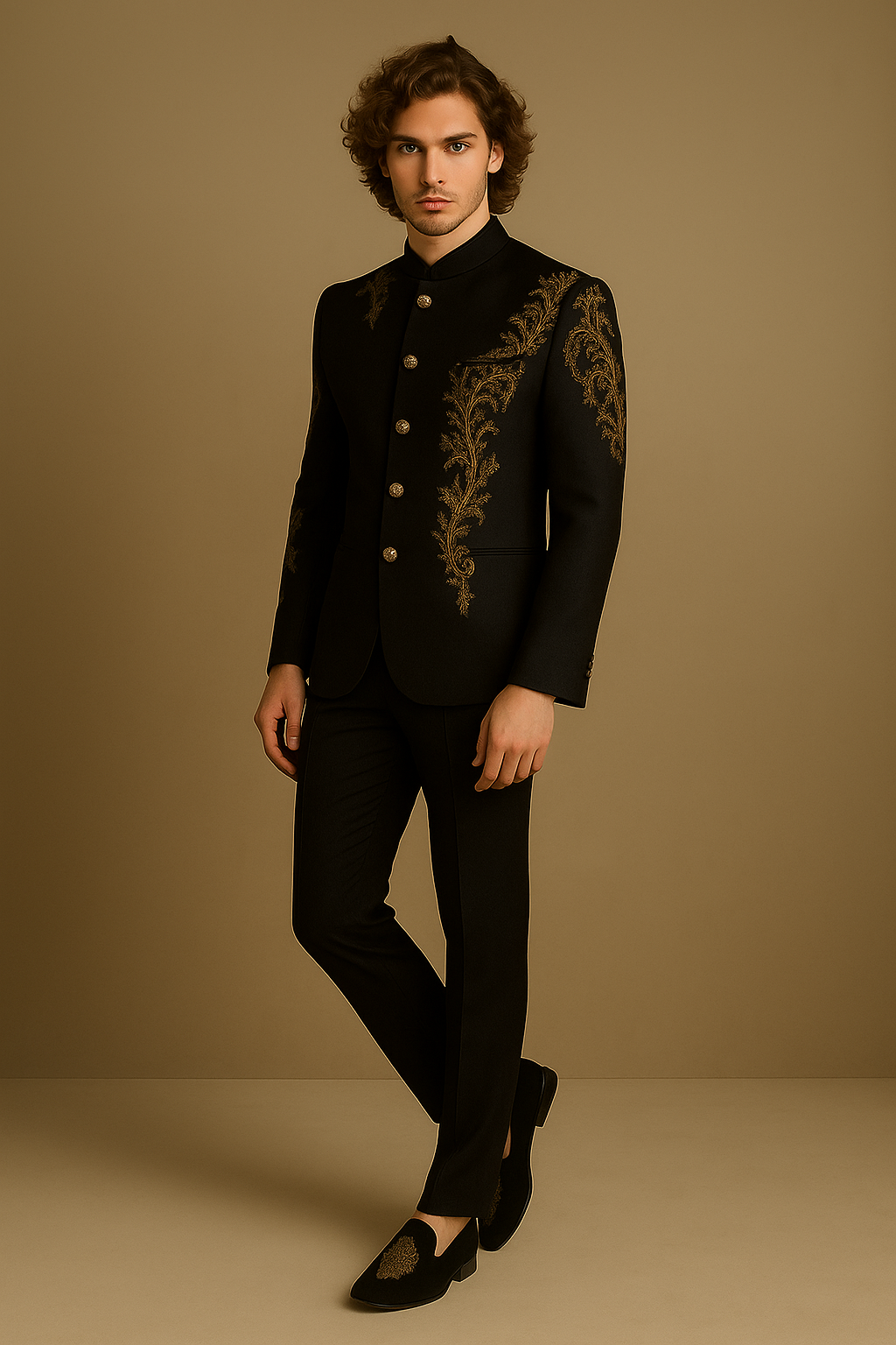 Black Jodhpuri Suit with Gold Hand Embroidery | P&H BY PRIYANSHU