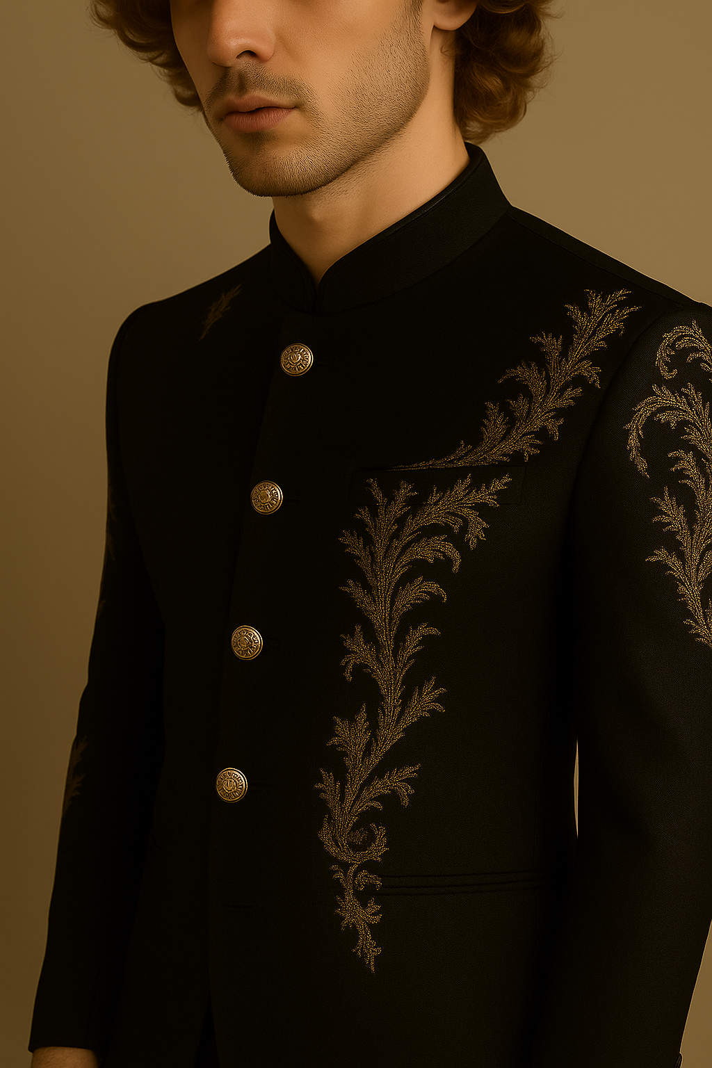Black Jodhpuri Suit with Gold Hand Embroidery | P&H BY PRIYANSHU