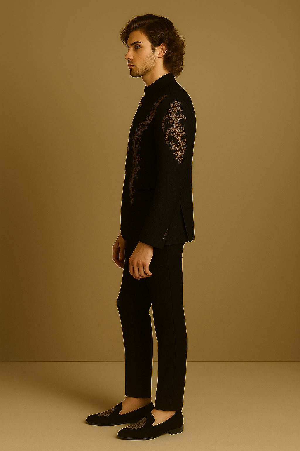 Black Jodhpuri Suit with Gold Hand Embroidery | P&H BY PRIYANSHU