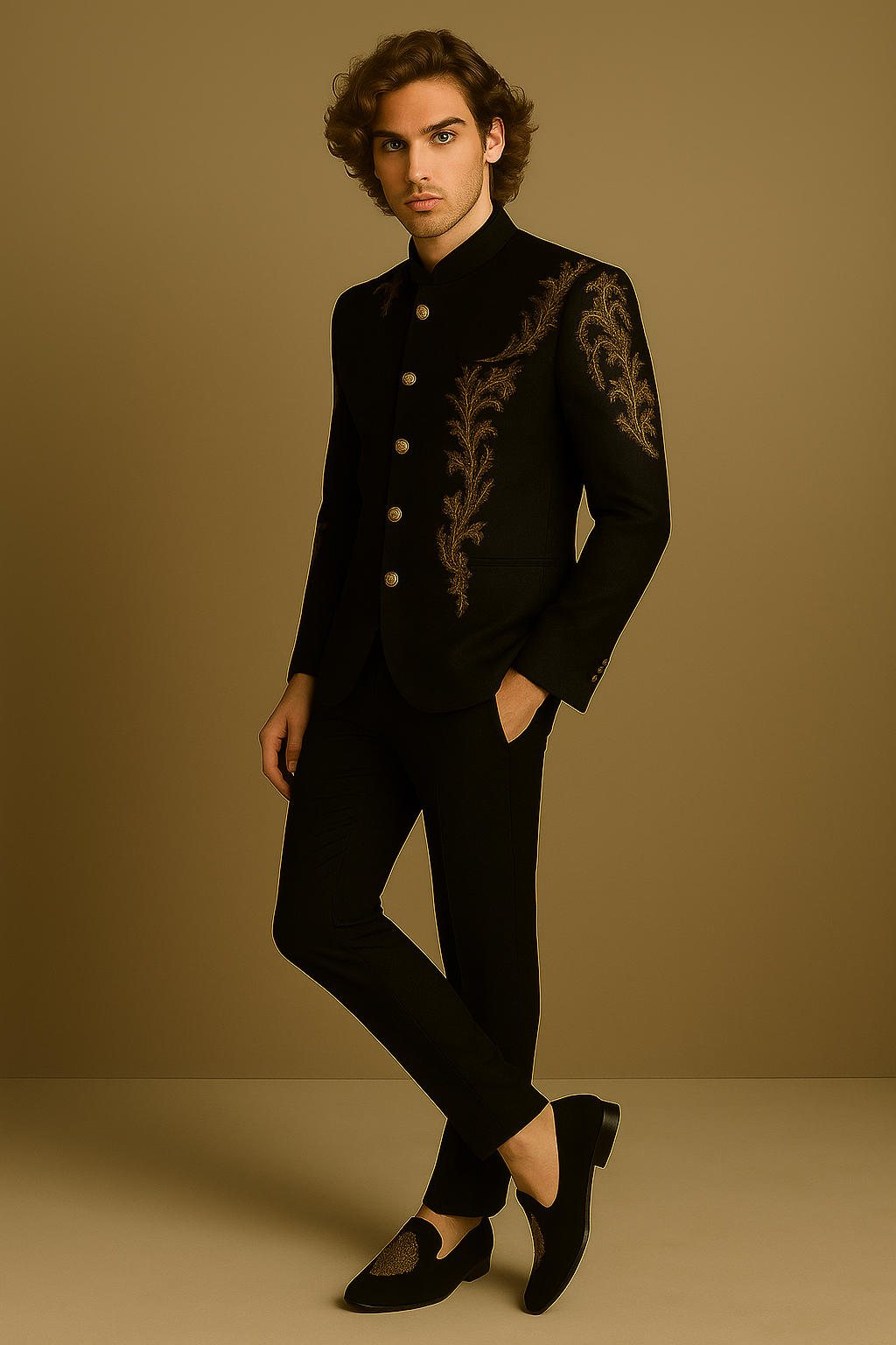 Black Jodhpuri Suit with Gold Hand Embroidery | P&H BY PRIYANSHU