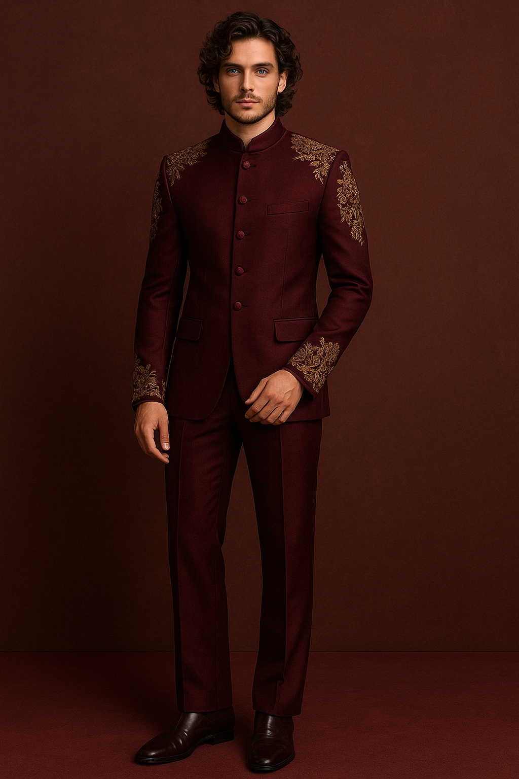 Dark Wine Maroon Wedding Jodhpuri Bandhgala Suit with Gold Hand Embroidery | P&H BY PRIYANSHU