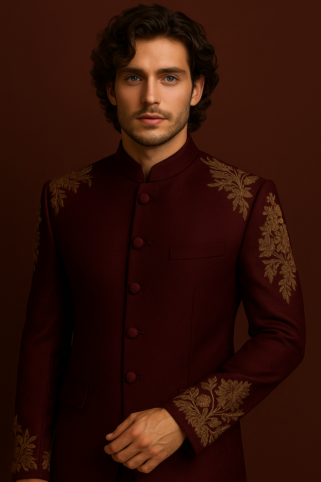 Dark Wine Maroon Wedding Jodhpuri Bandhgala Suit with Gold Hand Embroidery | P&H BY PRIYANSHU