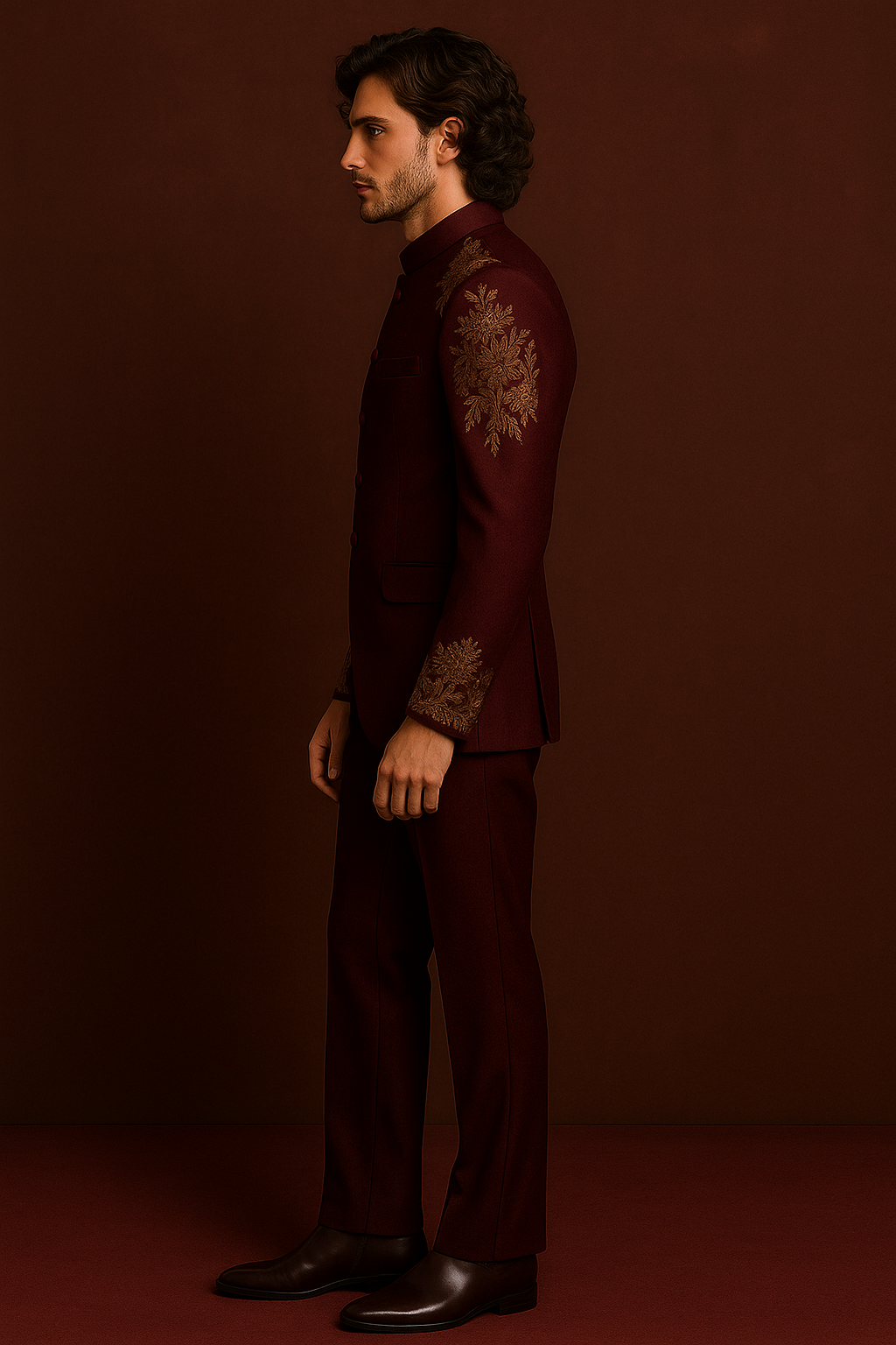 Dark Wine Maroon Wedding Jodhpuri Bandhgala Suit with Gold Hand Embroidery | P&H BY PRIYANSHU