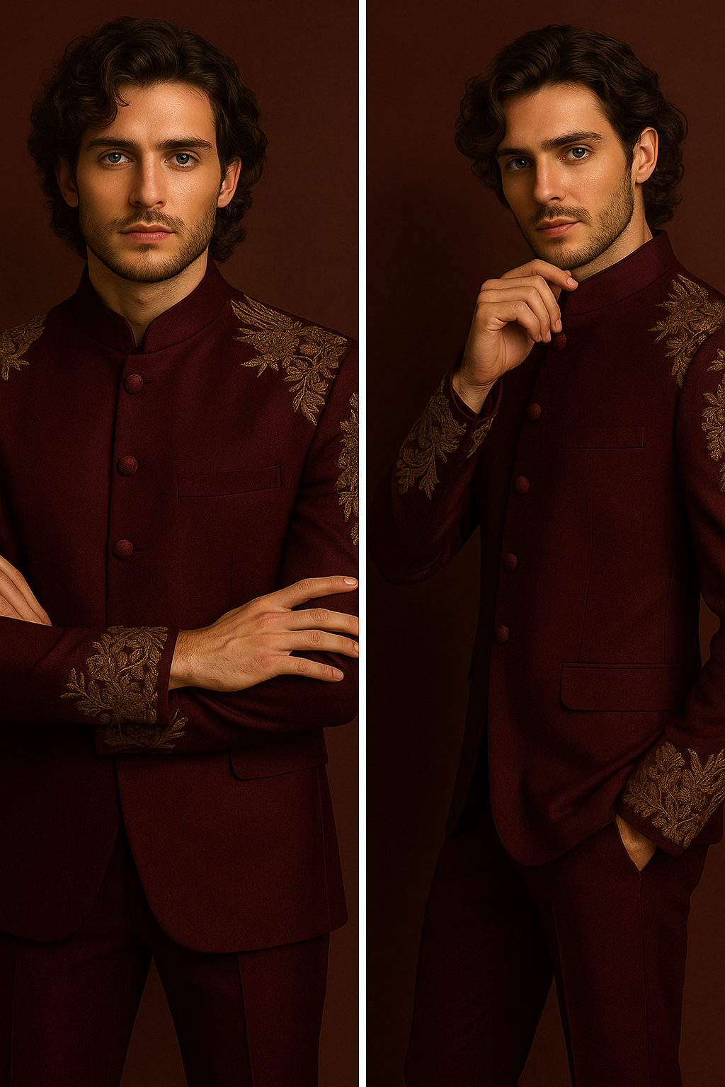 Dark Wine Maroon Wedding Jodhpuri Bandhgala Suit with Gold Hand Embroidery | P&H BY PRIYANSHU
