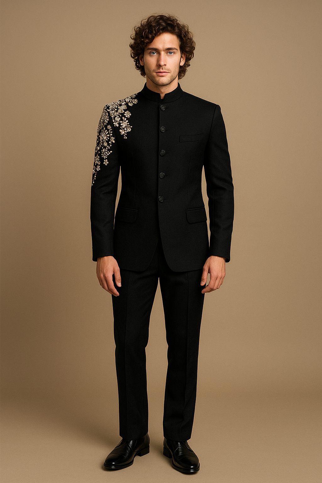 Black Jodhpuri Bandhgala Suit with Golden Floral Hand Embroidery | P&H BY PRIYANSHU