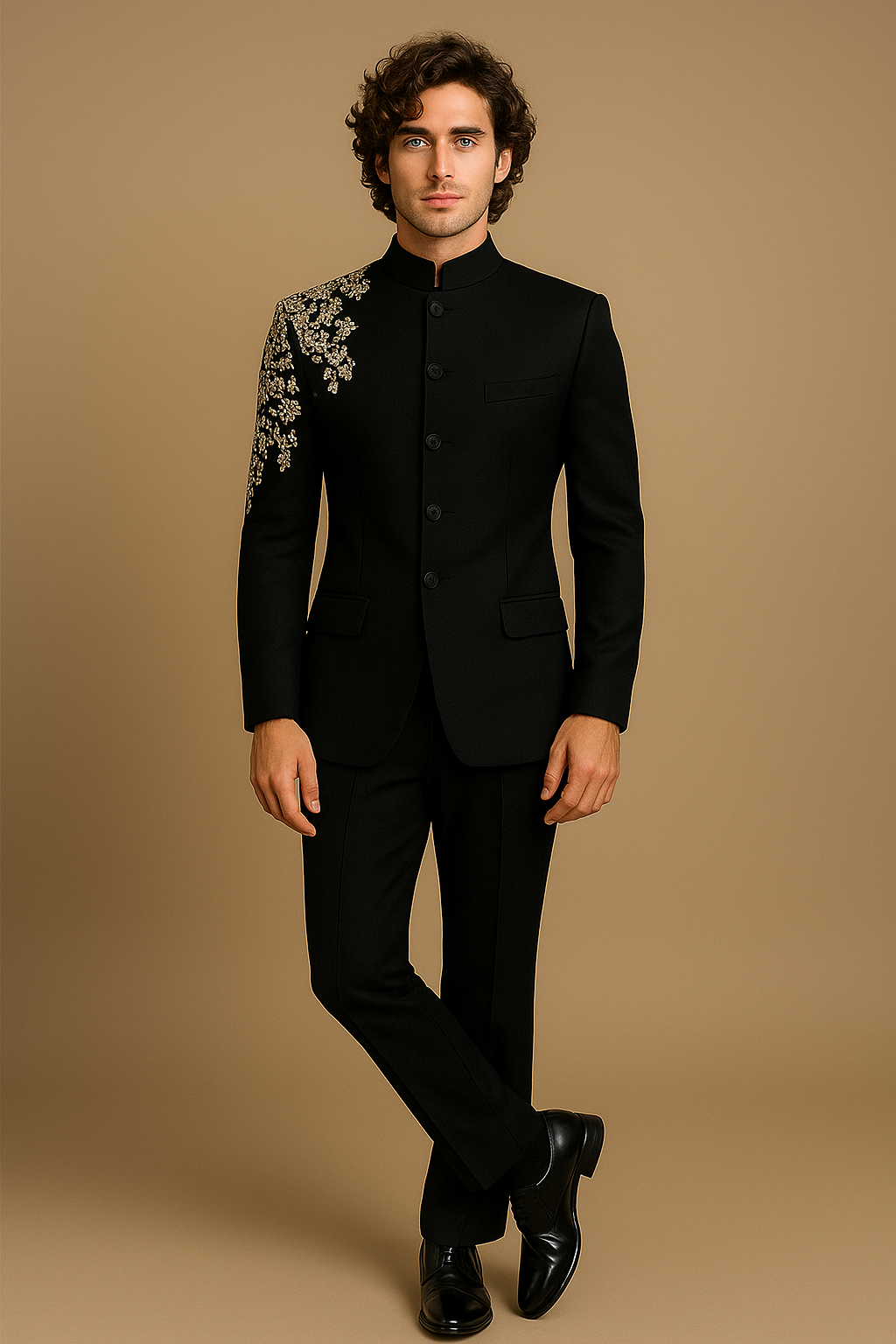 Black Jodhpuri Bandhgala Suit with Golden Floral Hand Embroidery | P&H BY PRIYANSHU