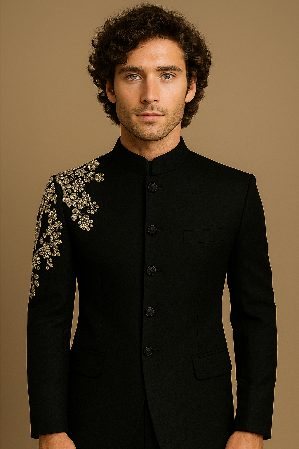 Black Jodhpuri Bandhgala Suit with Golden Floral Hand Embroidery | P&H BY PRIYANSHU