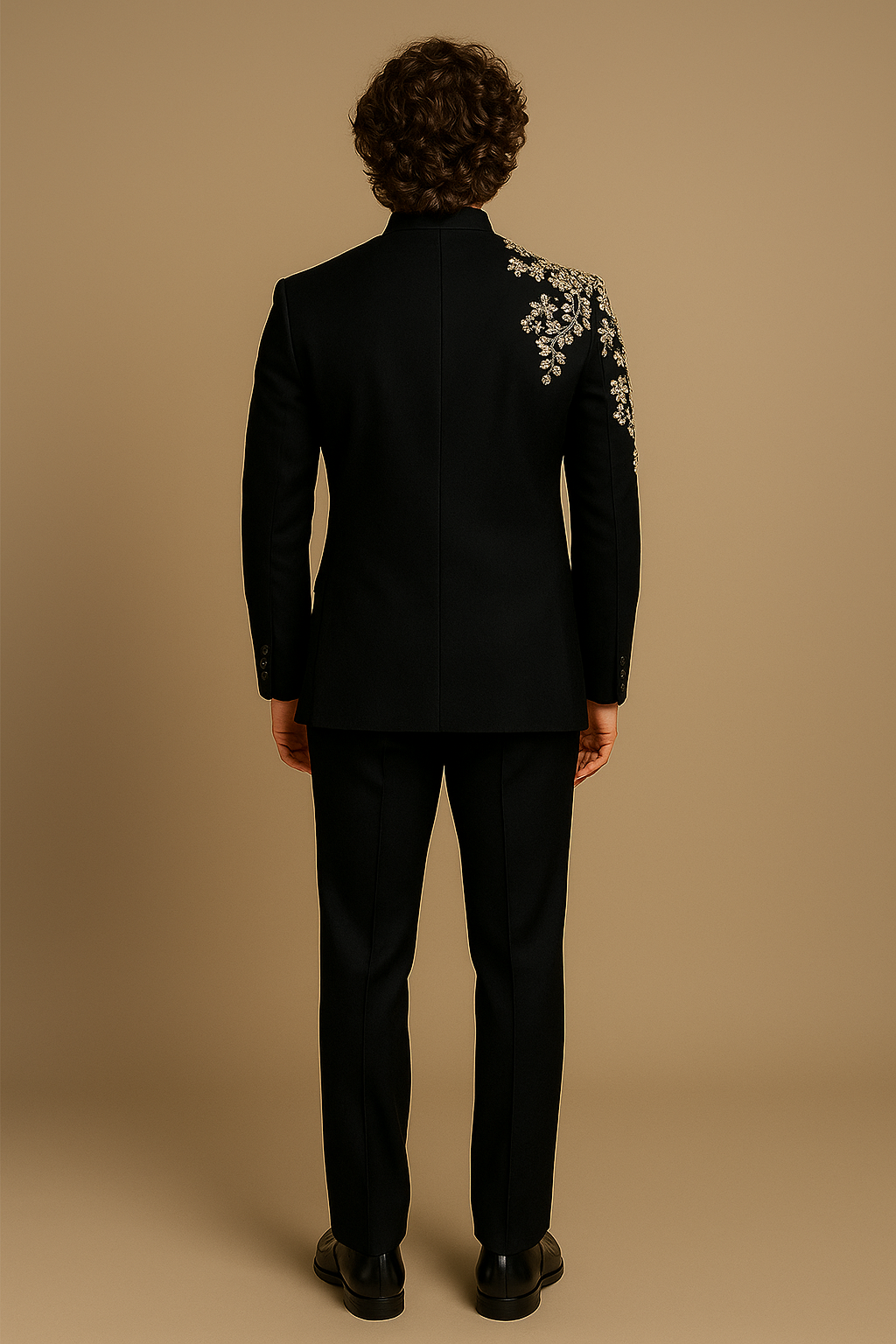 Black Jodhpuri Bandhgala Suit with Golden Floral Hand Embroidery | P&H BY PRIYANSHU