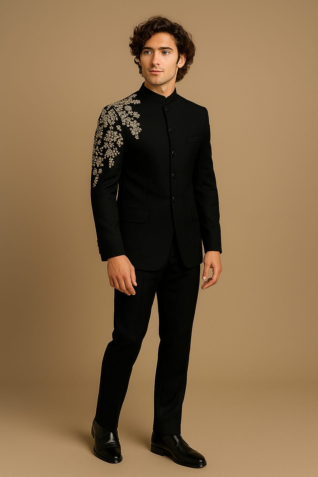 Black Jodhpuri Bandhgala Suit with Golden Floral Hand Embroidery | P&H BY PRIYANSHU