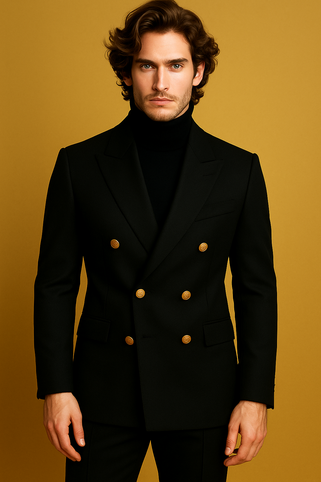 Man wearing a black double-breasted suit with gold buttons against a mustard yellow background