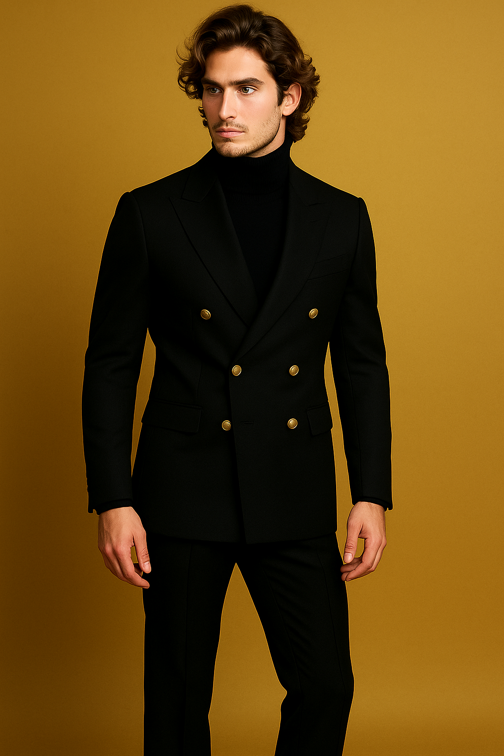 Man wearing a black double-breasted suit with gold buttons against a mustard yellow background