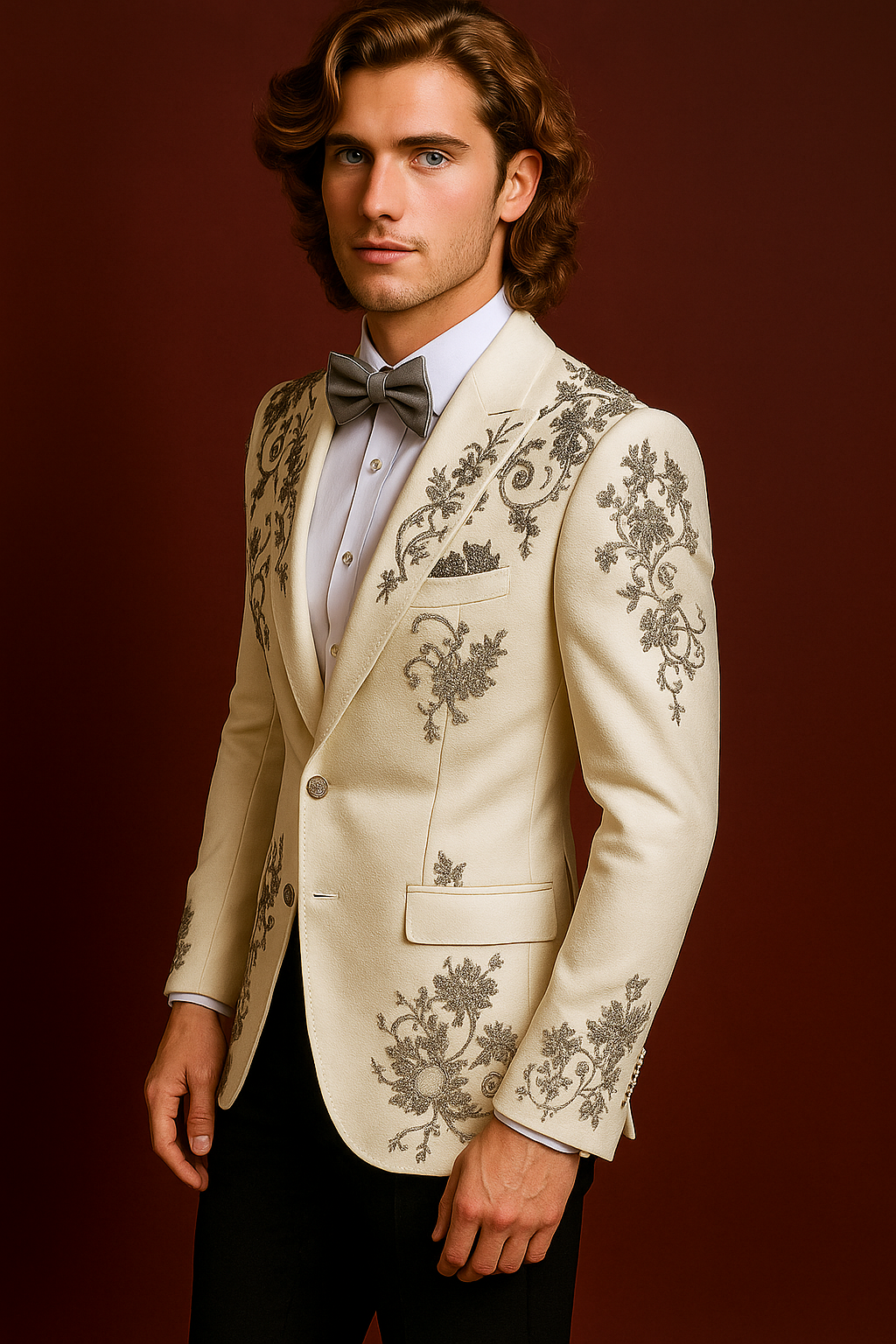 Man wearing a cream-colored embroidered blazer against a dark background