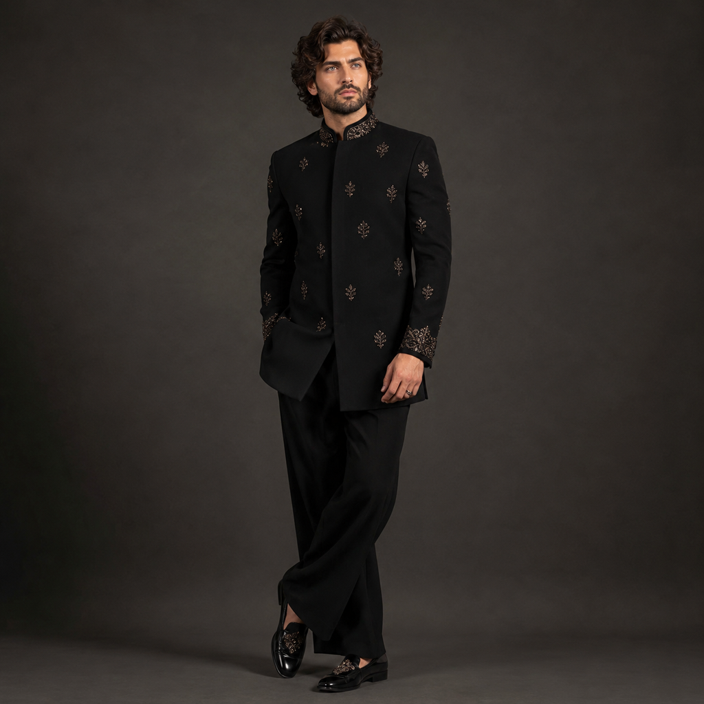 A man modeling a black traditional Indian suit with gold embroidered details on the jacket, paired with black trousers and black shoes, against a dark gray studio background.