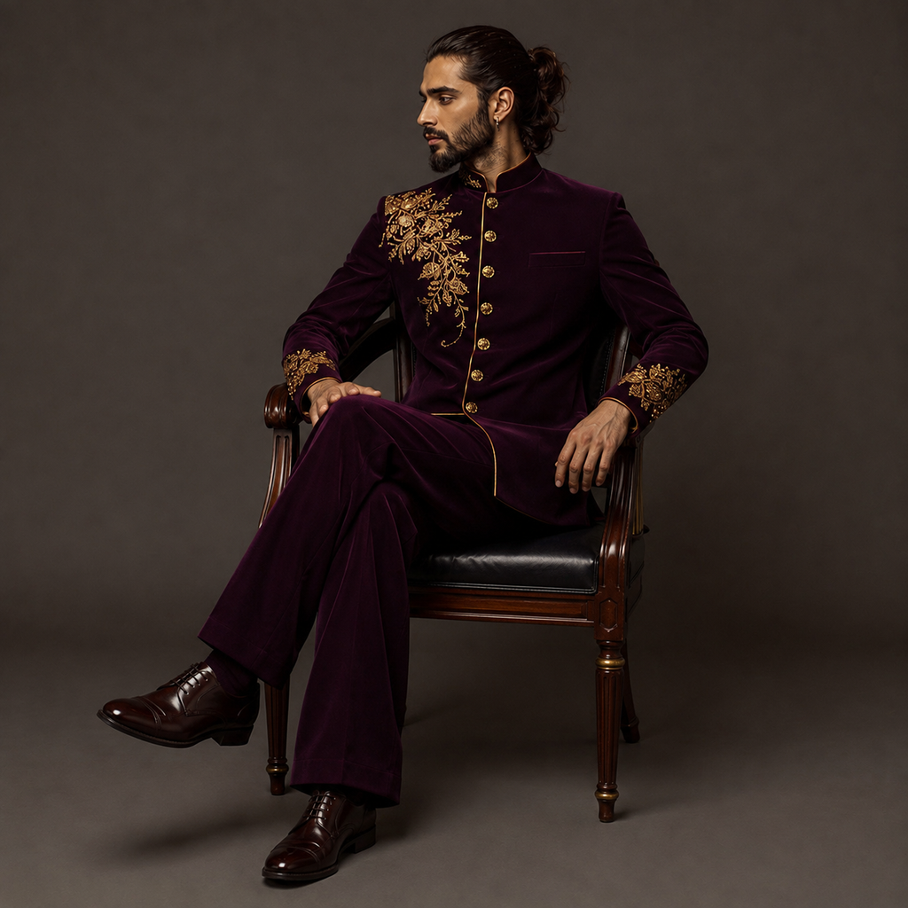 Luxury Wine Velvet Jodhpuri Groom Suit