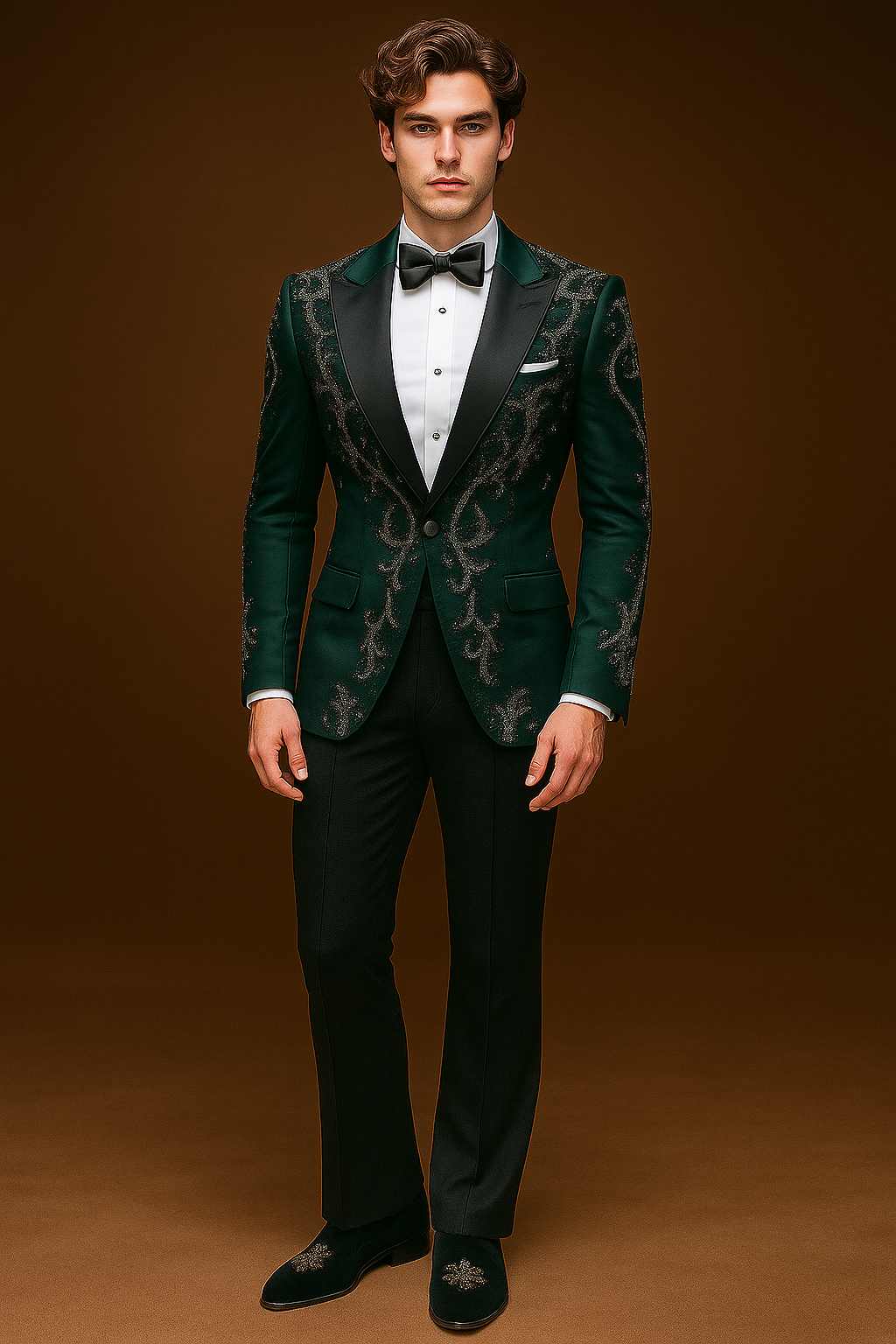 Bottle Green Embroidered Tuxedo with Black Pant | Luxury Men’s Suit