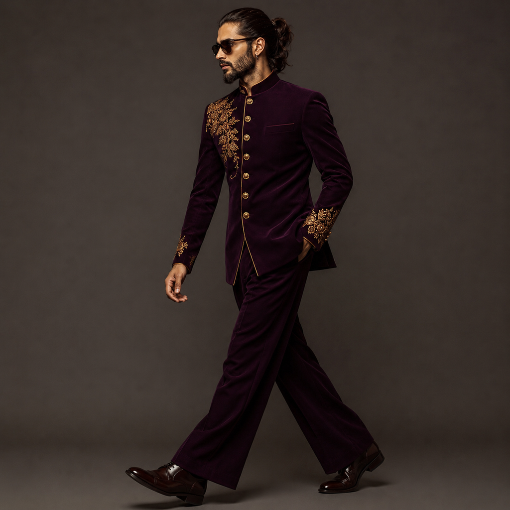 Luxury Wine Velvet Jodhpuri Groom Suit