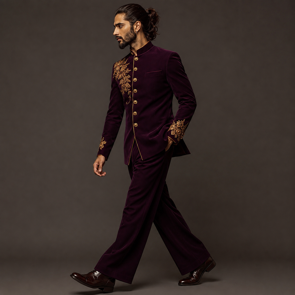 Luxury Wine Velvet Jodhpuri Groom Suit