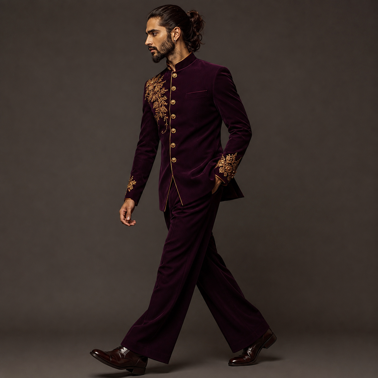 Luxury Wine Velvet Jodhpuri Groom Suit