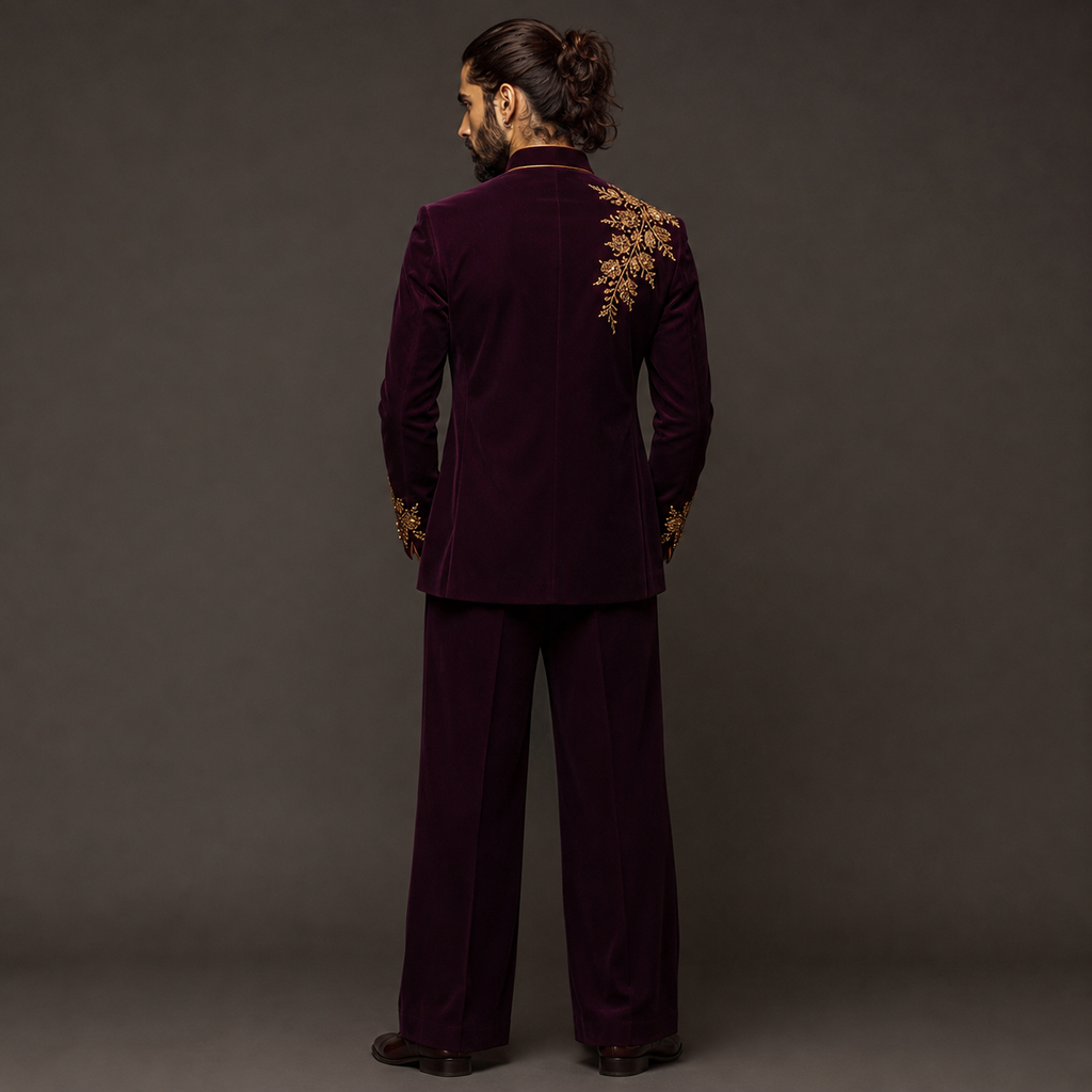 Luxury Wine Velvet Jodhpuri Groom Suit