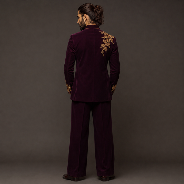 Luxury Wine Velvet Jodhpuri Groom Suit