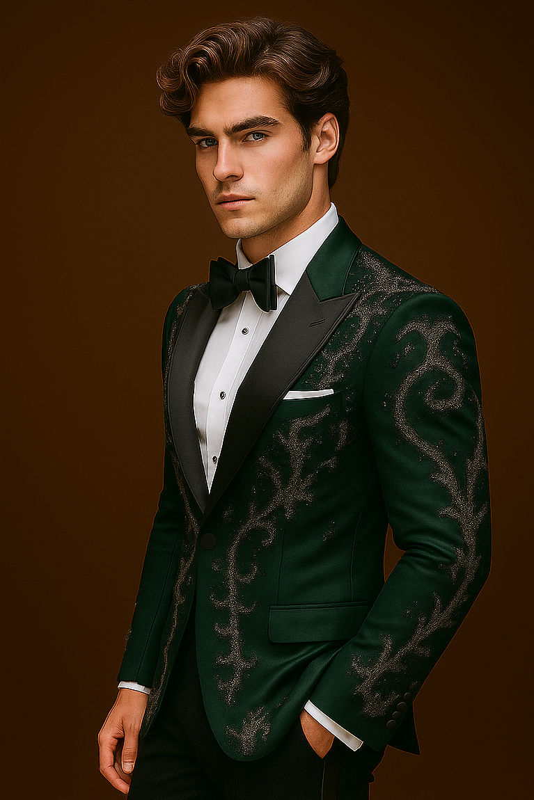 Bottle Green Embroidered Tuxedo with Black Pant | Luxury Men’s Suit