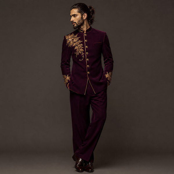 Luxury Wine Velvet Jodhpuri Groom Suit